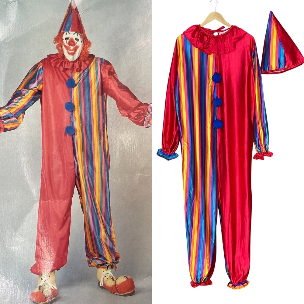 Vintage Clown Halloween Costume Men Rainbow Circus Jumpsuit Hat Adult Medium Red